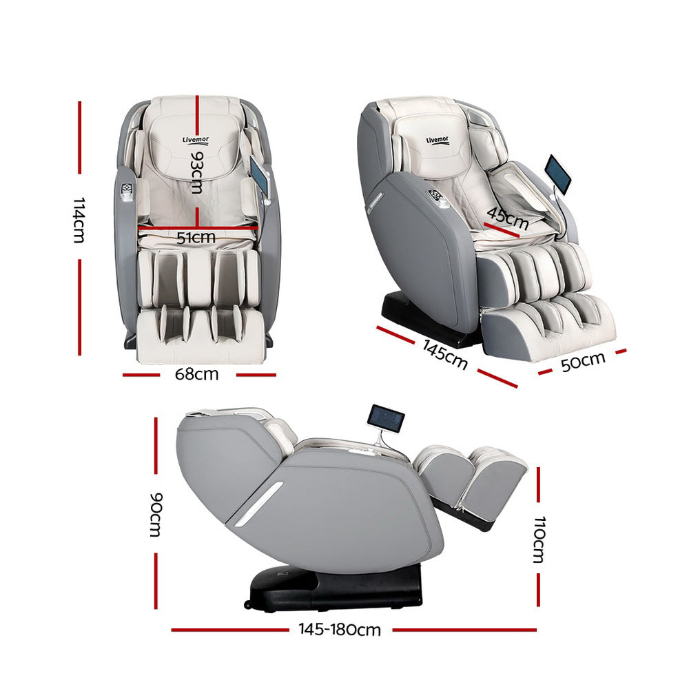 Livemor 4D Massage Chair Recliner - Full Body SL-Track Zero Gravity with AI Body Scan, Deep Tissue Electric Massager with Heat, 12 Auto Programs, LCD Touchscreen & Bluetooth, Grey
