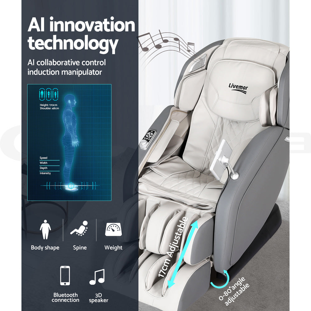 Livemor 4D Massage Chair Recliner - Full Body SL-Track Zero Gravity with AI Body Scan, Deep Tissue Electric Massager with Heat, 12 Auto Programs, LCD Touchscreen & Bluetooth, Grey