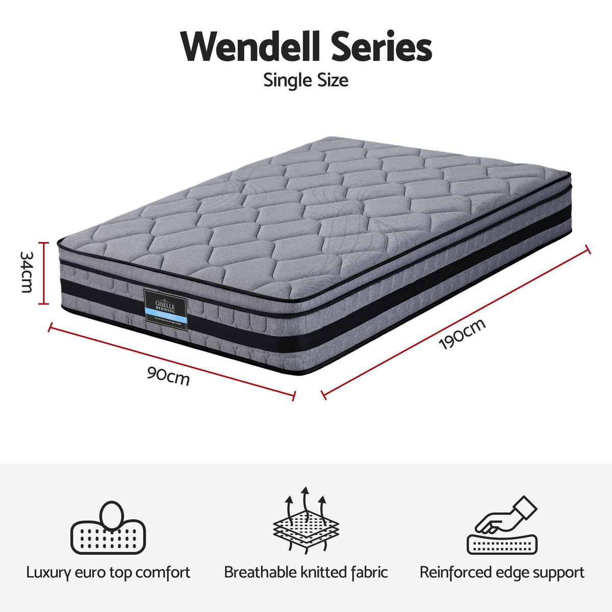 Giselle Bedding 34cm Single Mattress Hybrid, Pocket Spring Bed Mattress