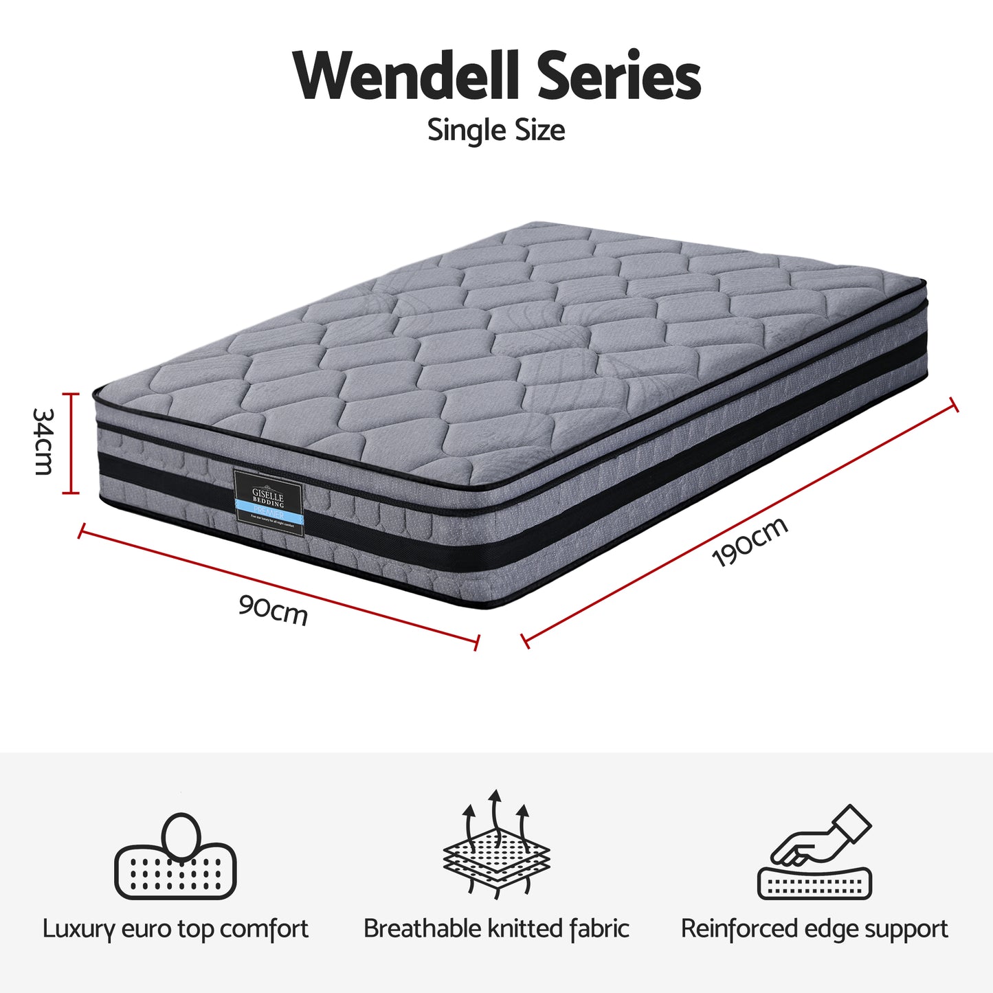 Giselle Bedding 34cm Single Mattress Hybrid, Pocket Spring Bed Mattress