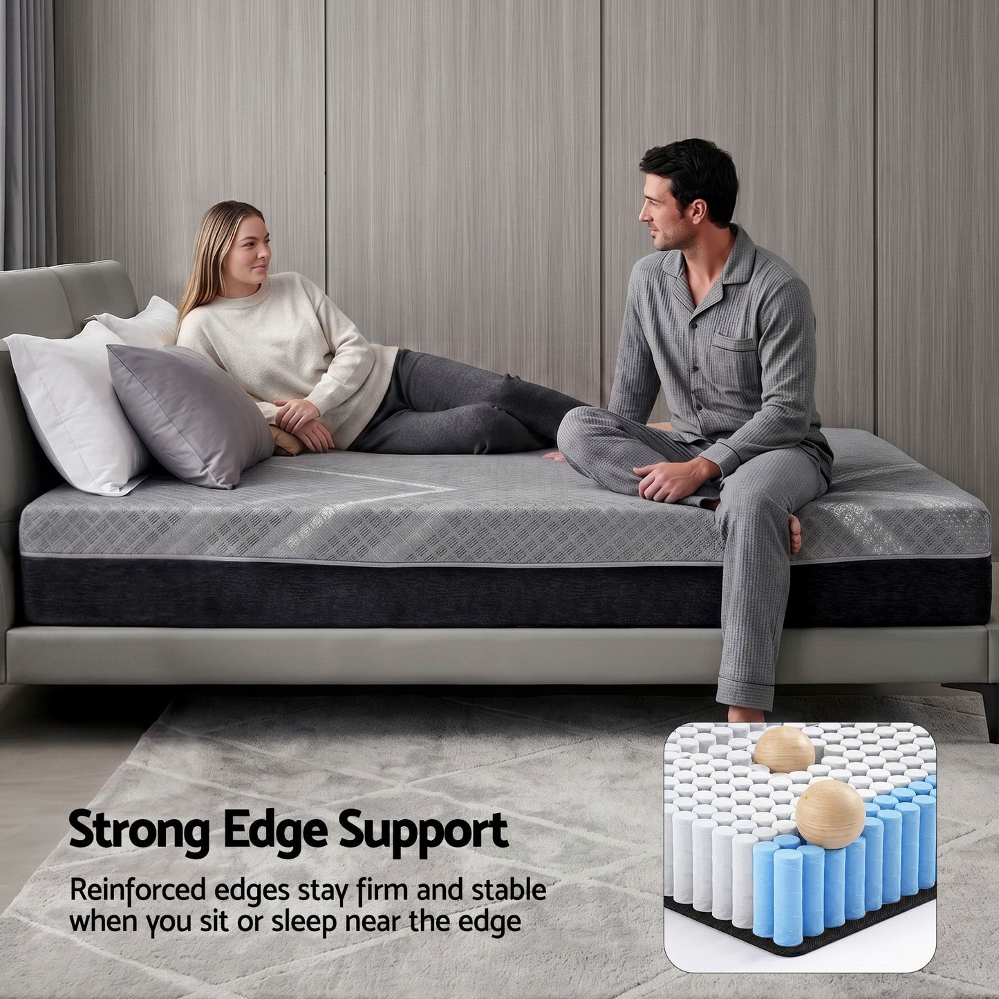 Giselle Queen Mattress 26cm Firm Pocket Spring Dual Edge Support Dark Grey
