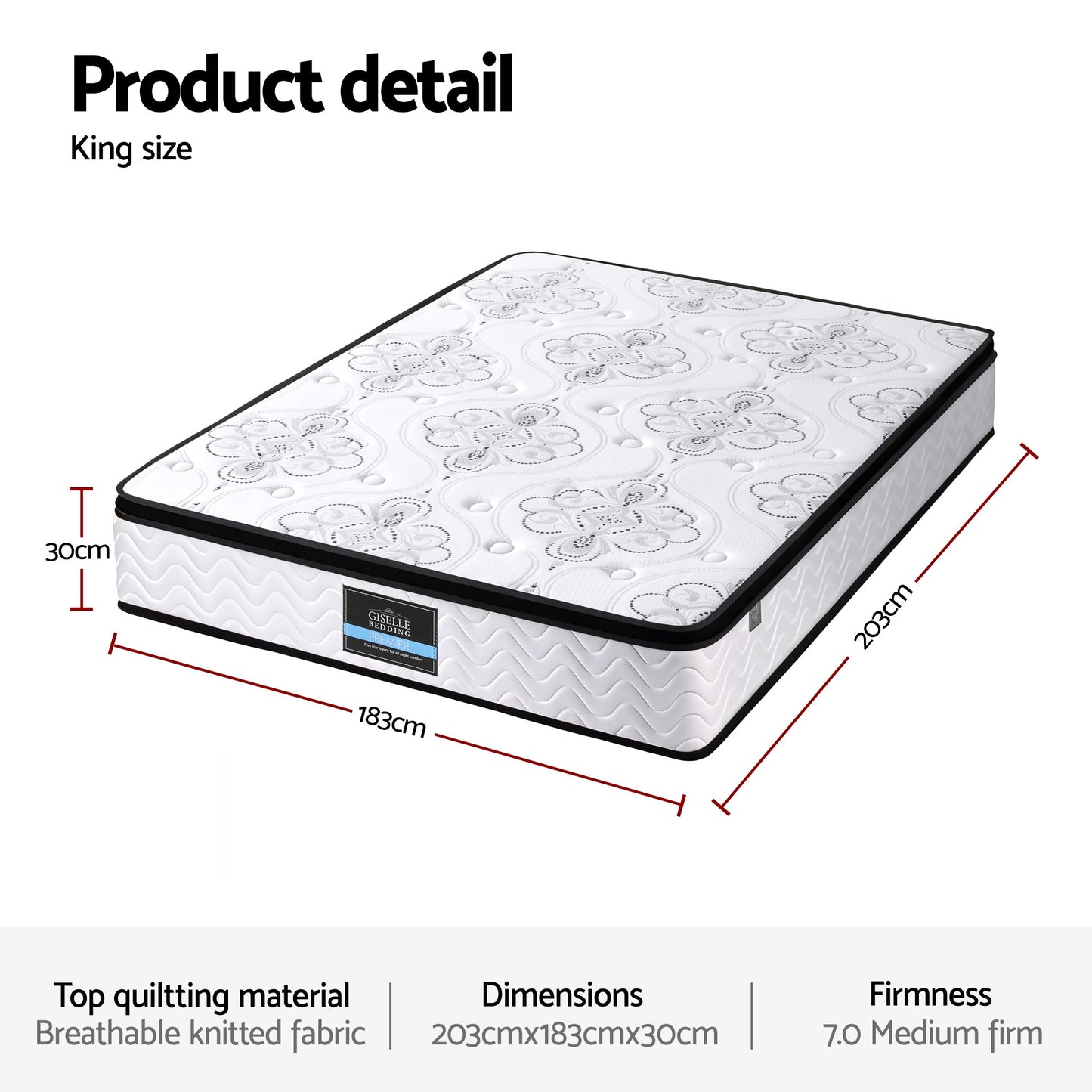 Giselle Bedding King Mattress 30cm Pocket Spring Euro Top Medium Firm Foam