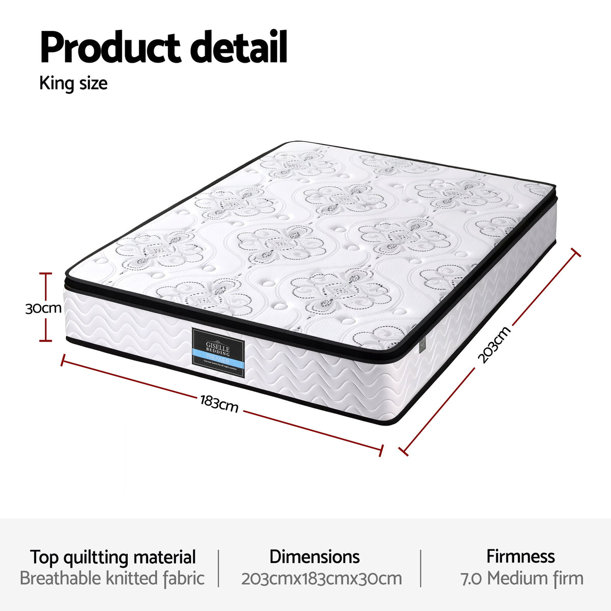 Giselle Bedding King Mattress 30cm Pocket Spring Euro Top Medium Firm Foam