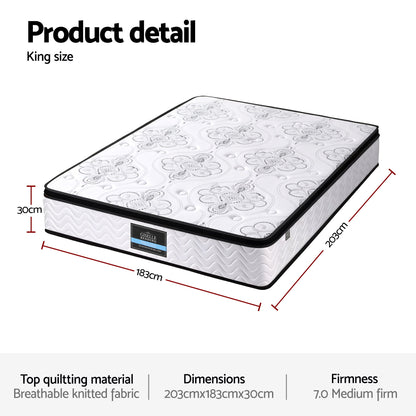 Giselle Bedding King Mattress 30cm Pocket Spring Euro Top Medium Firm Foam