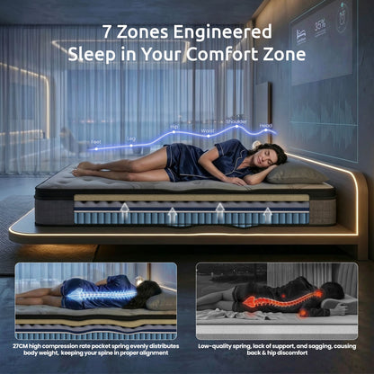 Levitex king Mattress 33 cm 7-Zone Pocket Spring 8.0 Extra Firm with Dual-Row Edge Support & Breathable Knit Cover