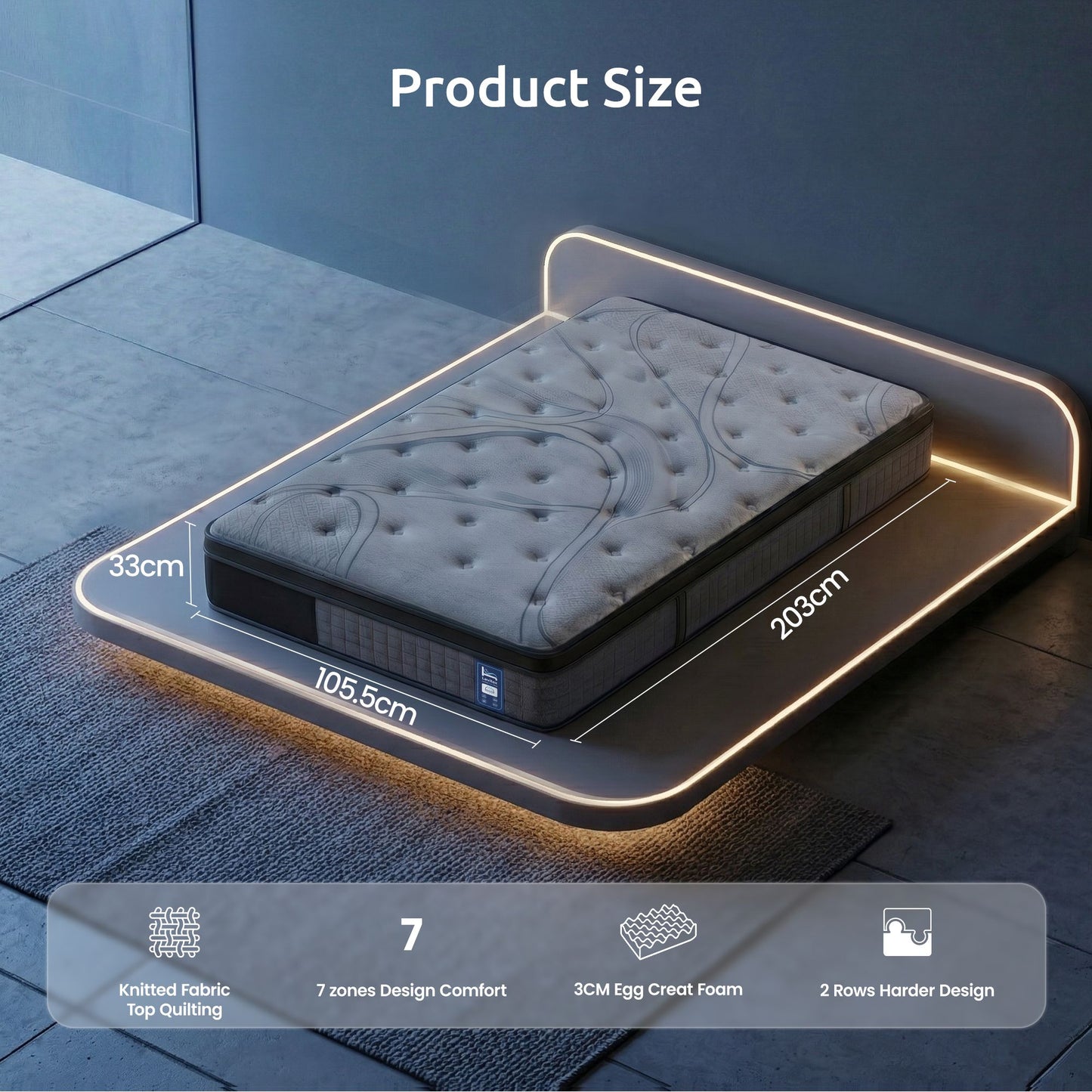 Levitex King Single Mattress 33 cm 7-Zone Pocket Spring 8.0 Extra Firm with Dual-Row Edge Support & Breathable Knit Cover