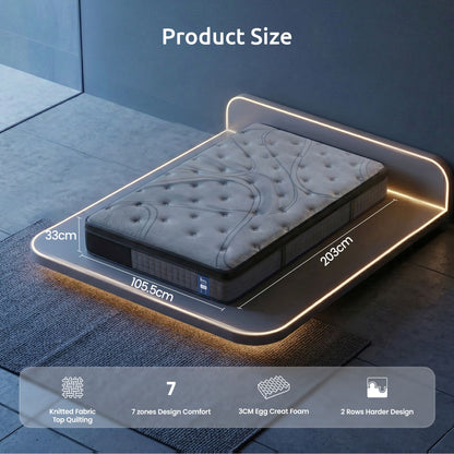 Levitex King Single Mattress 33 cm 7-Zone Pocket Spring 8.0 Extra Firm with Dual-Row Edge Support & Breathable Knit Cover