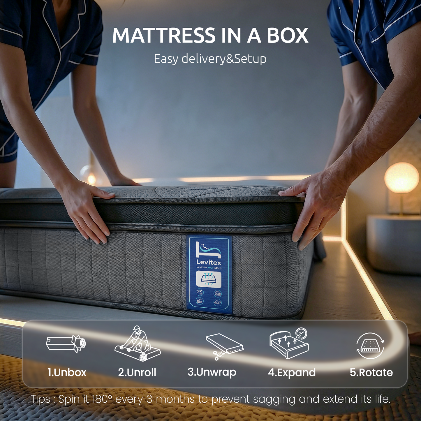 Levitex Queen Mattress 33 cm 7-Zone Pocket Spring 8.0 Extra Firm with Dual-Row Edge Support & Breathable Knit Cover