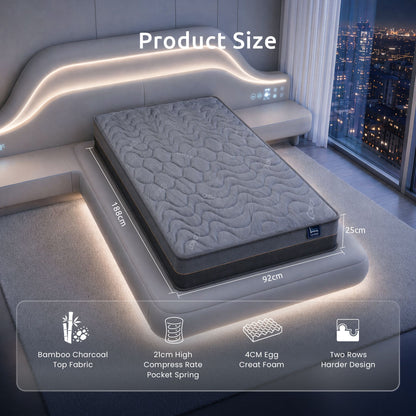 Levitex Single Mattress 25 cm Hybrid Pocket Spring with 4cm Egg Crate Foam for Deep Sleep Bamboo Charcoal Fabric