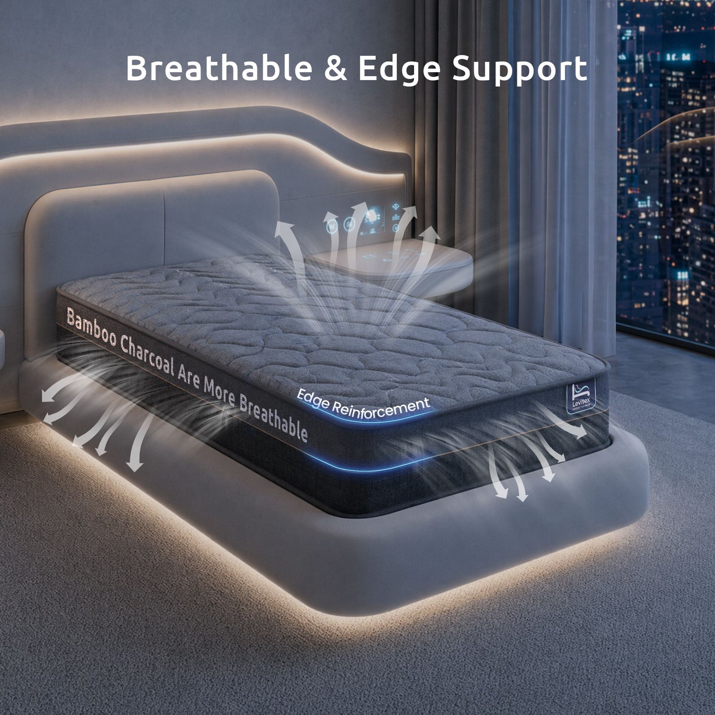 Levitex Single Mattress 25 cm Hybrid Pocket Spring with 4cm Egg Crate Foam for Deep Sleep Bamboo Charcoal Fabric
