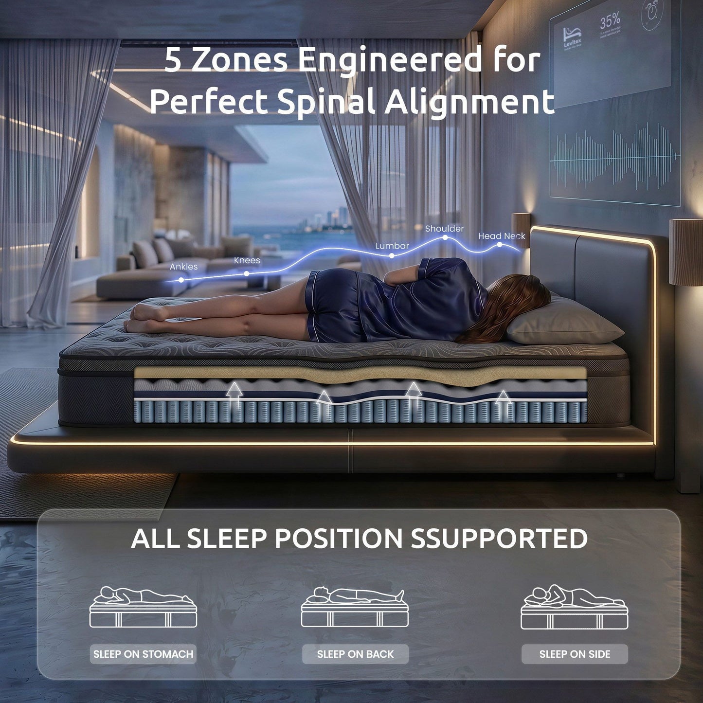Levitex King Mattress 34 cm 5-Zone Pressure Relief  Pocket Spring with Reinforced Edge Support & Breathable Gel Memory Foam Hybrid Mattress