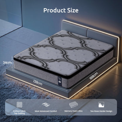 Levitex Double Mattress 34 cm 5-Zone Pocket Spring with Latex & Memory Foam or Extra Lumbar & Shoulder Support