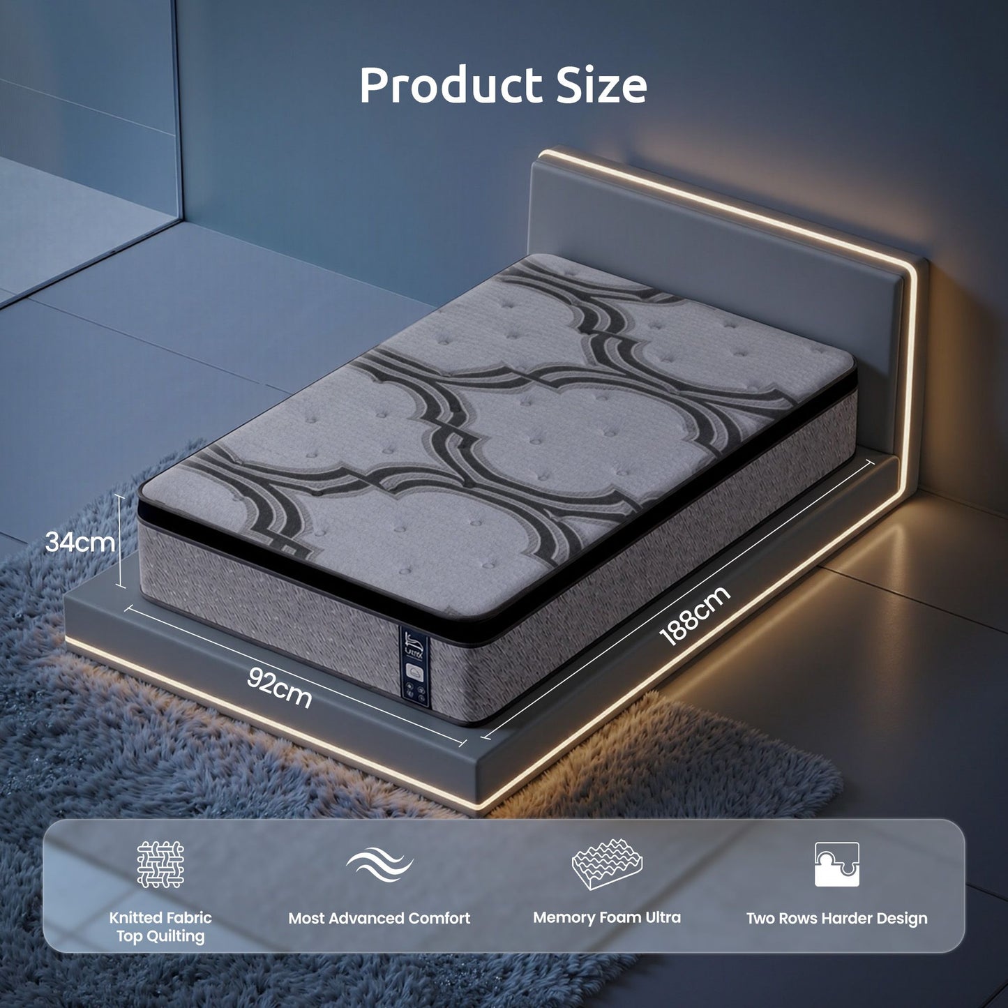 Levitex Single Mattress 34 cm 5-Zone Pocket Spring with Latex & Memory Foam or Extra Lumbar & Shoulder Support