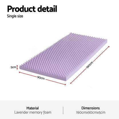 Giselle 5cm Memory Foam Mattress Topper Lavender Infused Egg Crate Pad Mat Single