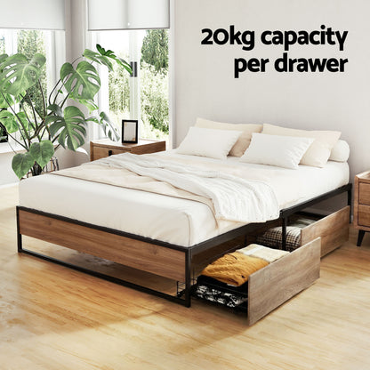 Artiss Bed Frame Metal Frame Queen Size Bed Base 2 Drawers OSLO