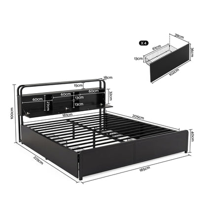 Artiss King Metal Bed Frame 4 Drawers Hidden Storage Headboard HEDY