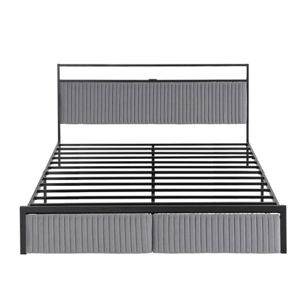Artiss Metal Bed Frame King Size LED Charging Station 2 Drawers