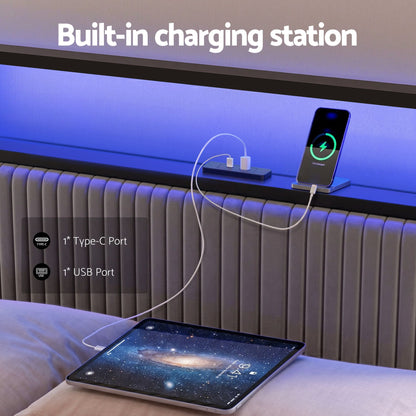 Artiss Metal Bed Frame King Size LED Charging Station 2 Drawers
