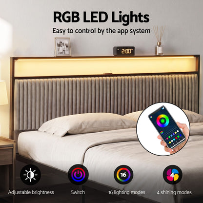 Artiss Metal Bed Frame King Size LED Charging Station 2 Drawers