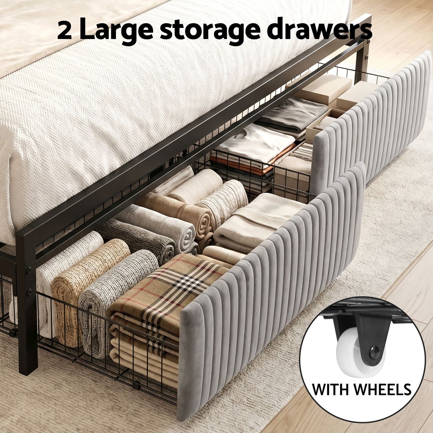 Artiss Metal Bed Frame King Size LED Charging Station 2 Drawers