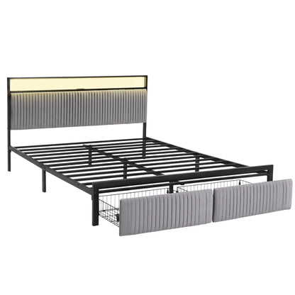 Artiss Metal Bed Frame King Size LED Charging Station 2 Drawers