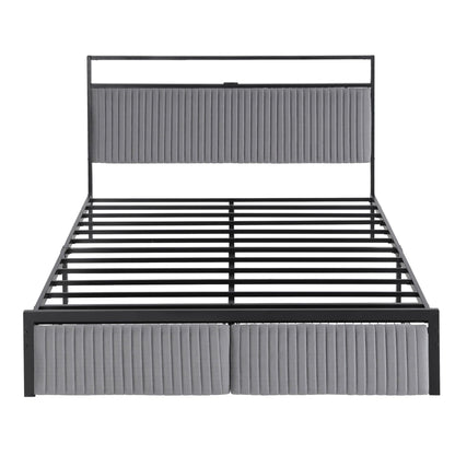 Artiss Metal Bed Frame Queen Size LED Charging Station 2 Drawers
