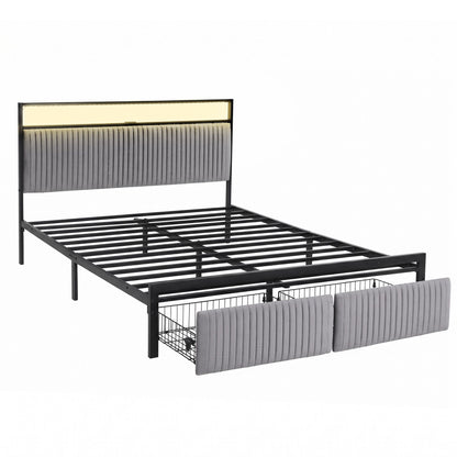 Artiss Metal Bed Frame Queen Size LED Charging Station 2 Drawers