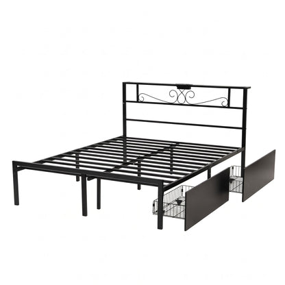 Artiss Queen Bed Frame with Charging Station & Storage Drawers Metal
