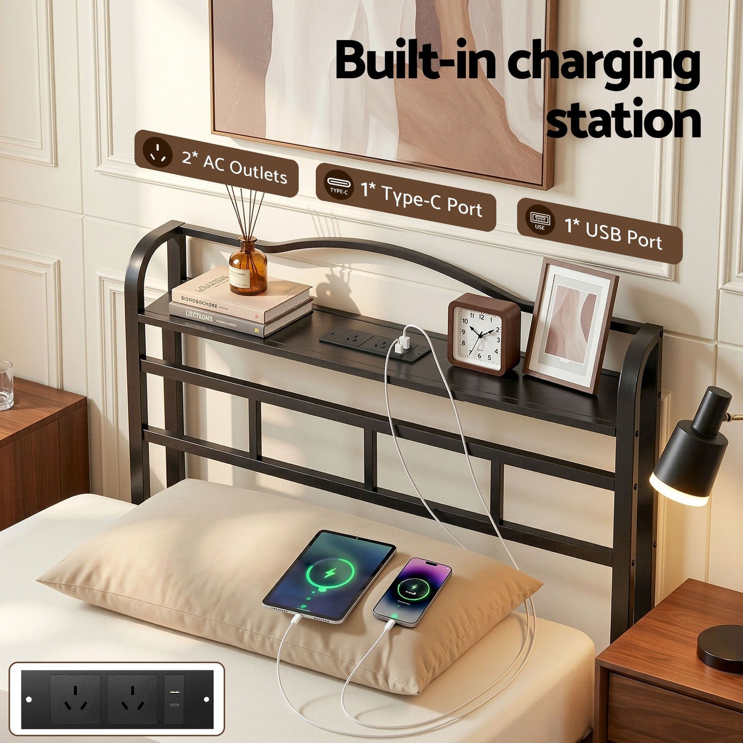 Artiss Bed Frame Single Size with Charging Station WAVE