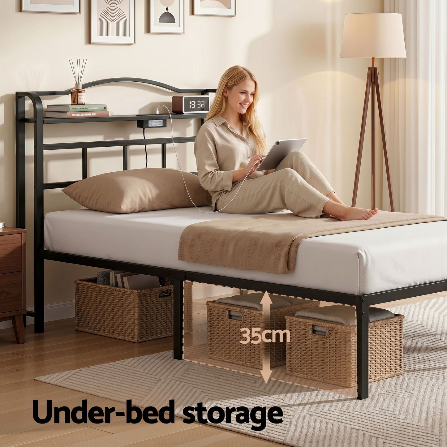 Artiss Bed Frame Single Size with Charging Station WAVE