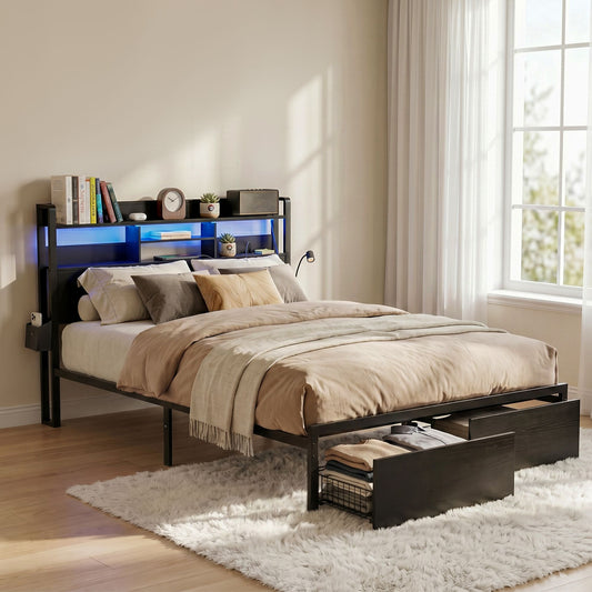 Artiss Bed Frame Double with Charging Station Storage Organizer Drawers LED ZAC