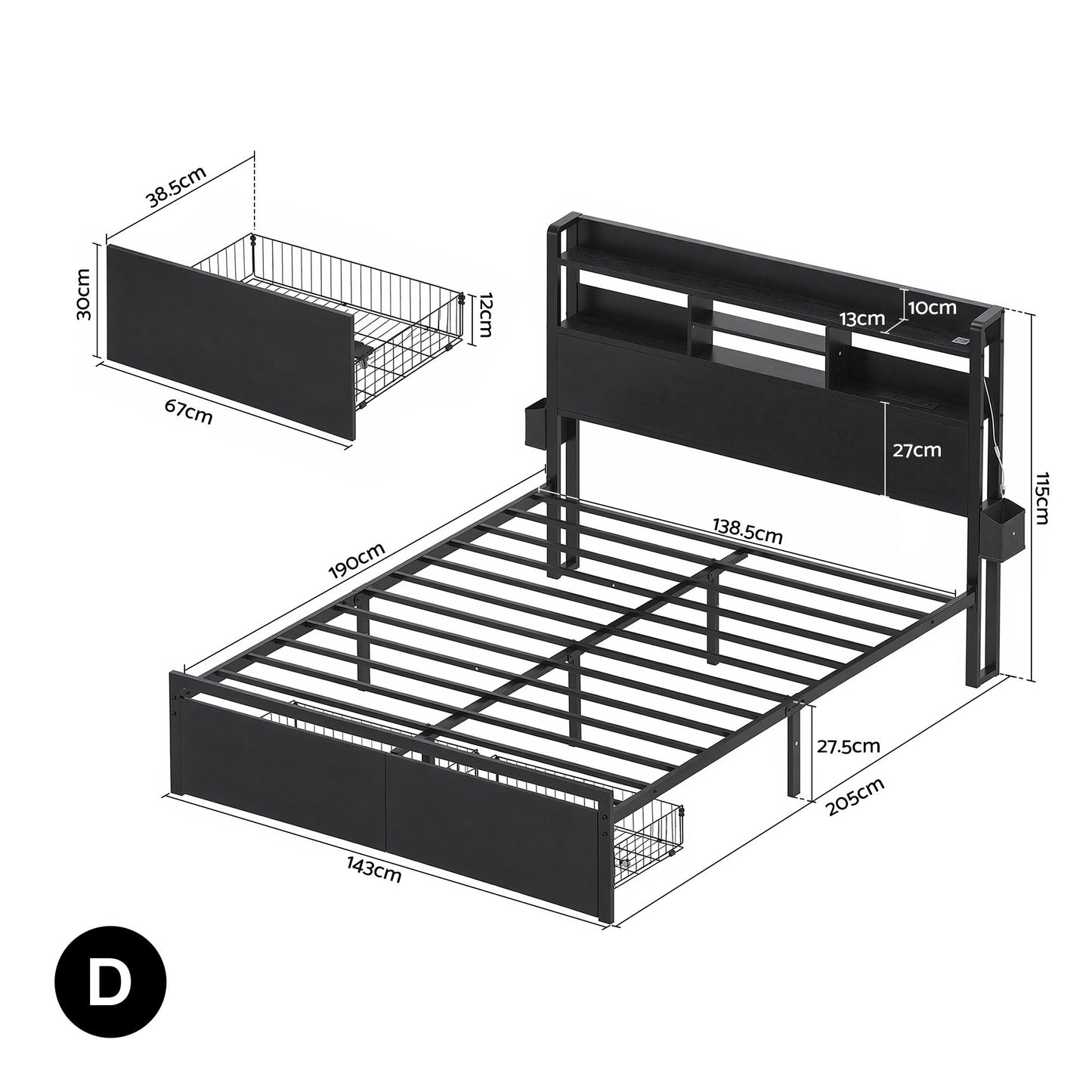 Artiss Bed Frame Double with Charging Station Storage Organizer Drawers LED ZAC