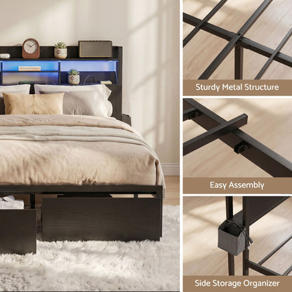 Artiss Bed Frame Double with Charging Station Storage Organizer Drawers LED ZAC