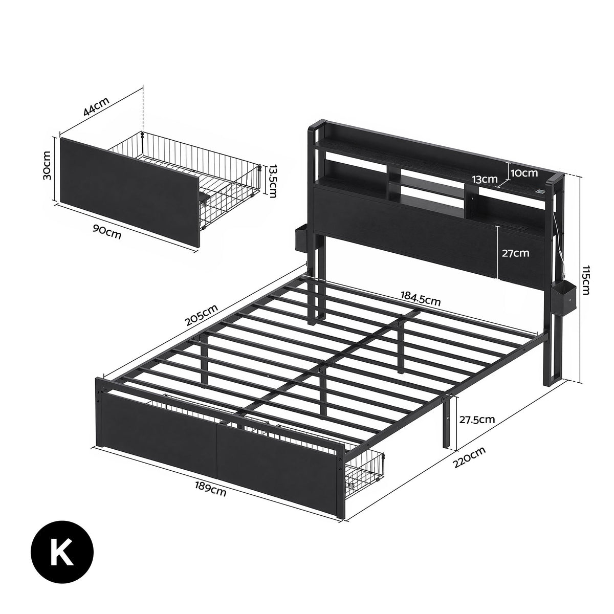 Artiss Bed Frame King with Charging Station Storage Organizer Drawers LED ZAC