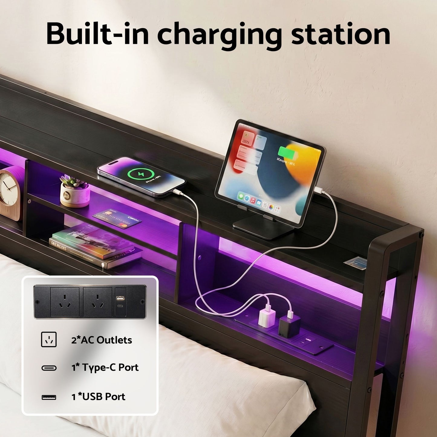 Artiss Bed Frame King with Charging Station Storage Organizer Drawers LED ZAC