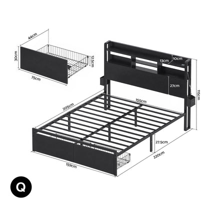 Artiss Bed Frame Queen with Charging Station Storage Organizer Drawers LED ZAC