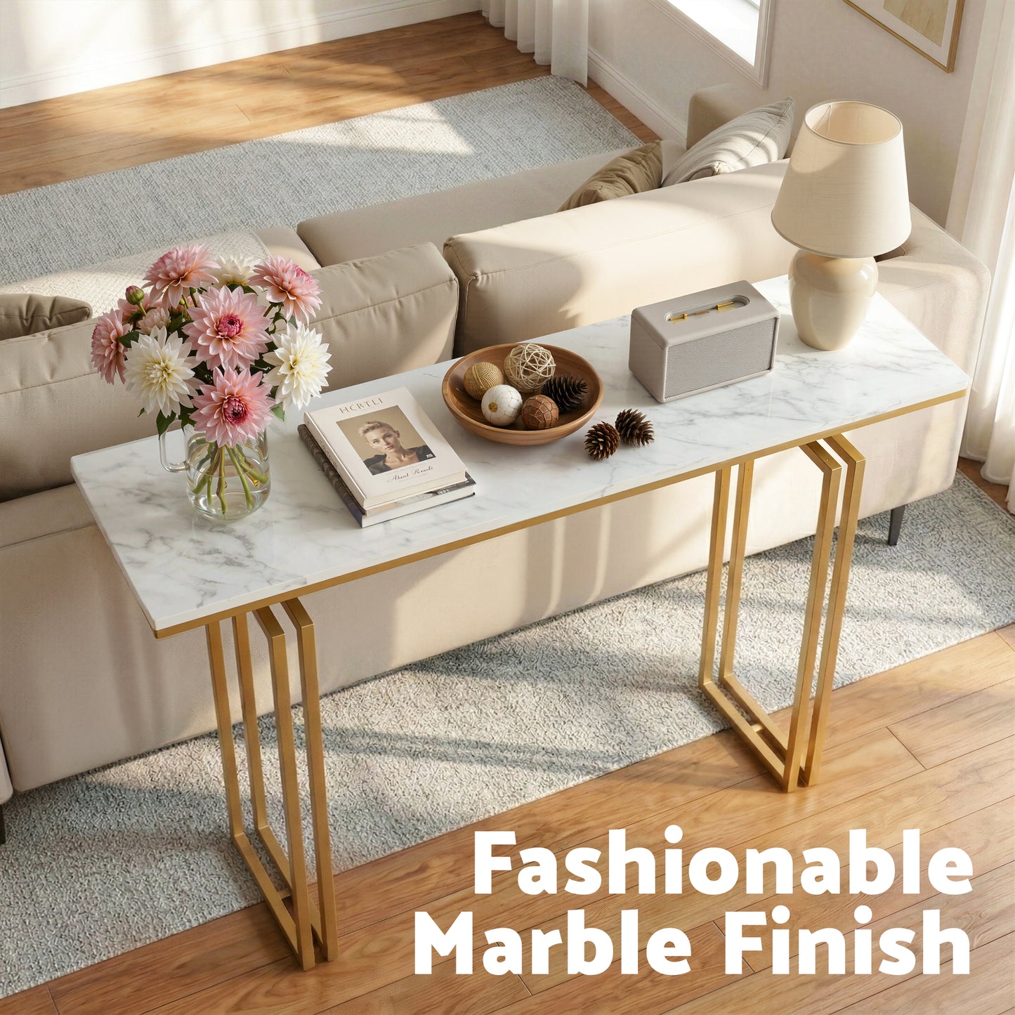 Artiss Console Table Hallway Entryway Table Marble Effect 110CM White & Gold