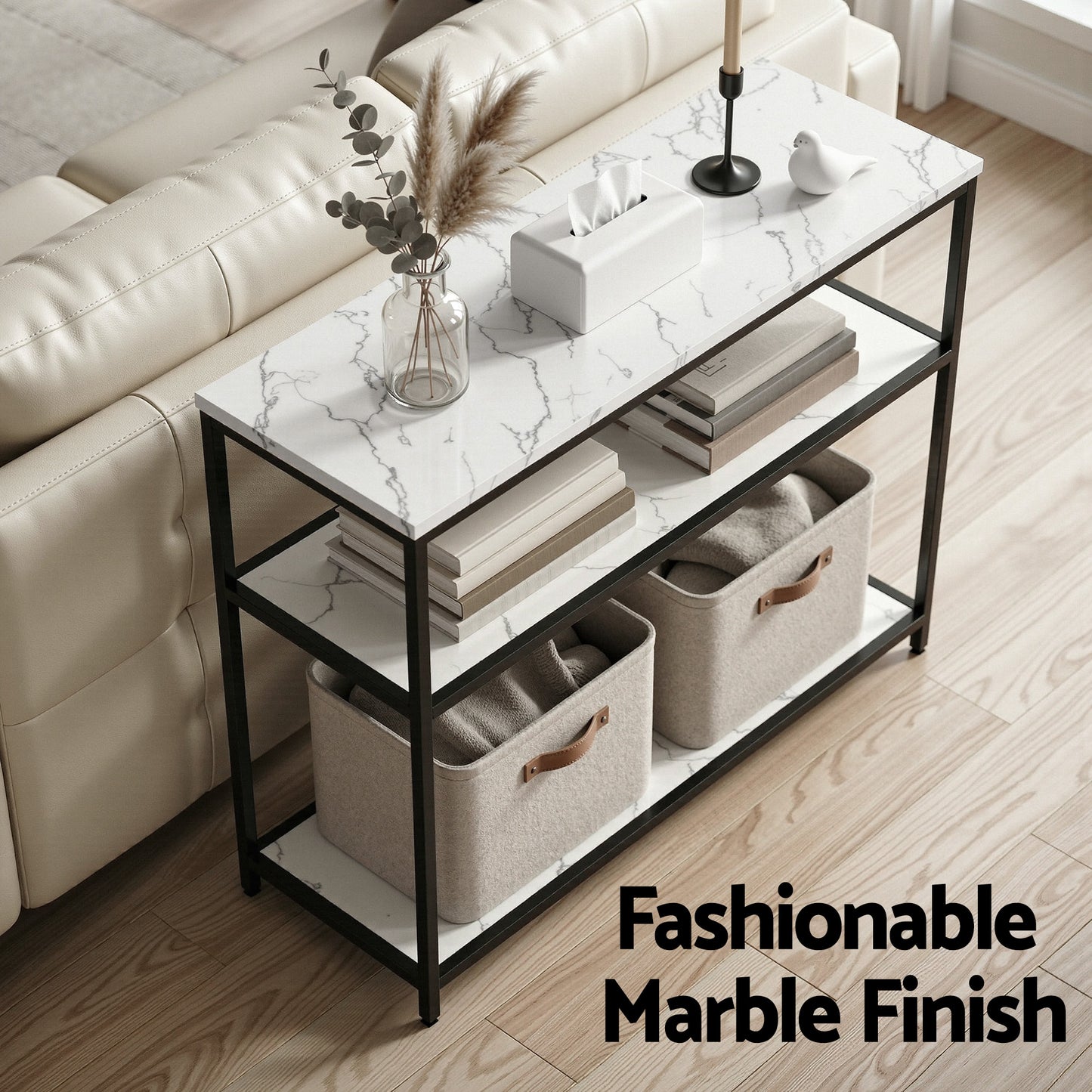 Artiss Console Table Marble Effect 3-Tier Sofa Entryway Side Table 90CM White