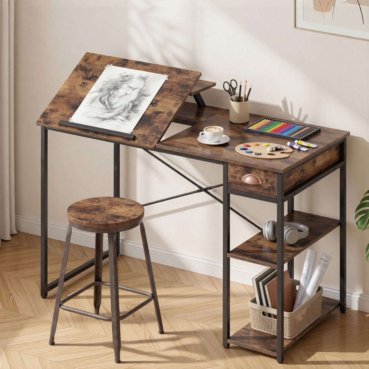 Artiss Computer Desk Drafting Drawing Table Tiltable Top Rustic Brown 108cm
