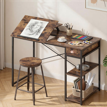 Artiss Computer Desk Drafting Drawing Table Tiltable Top Rustic Brown 108cm