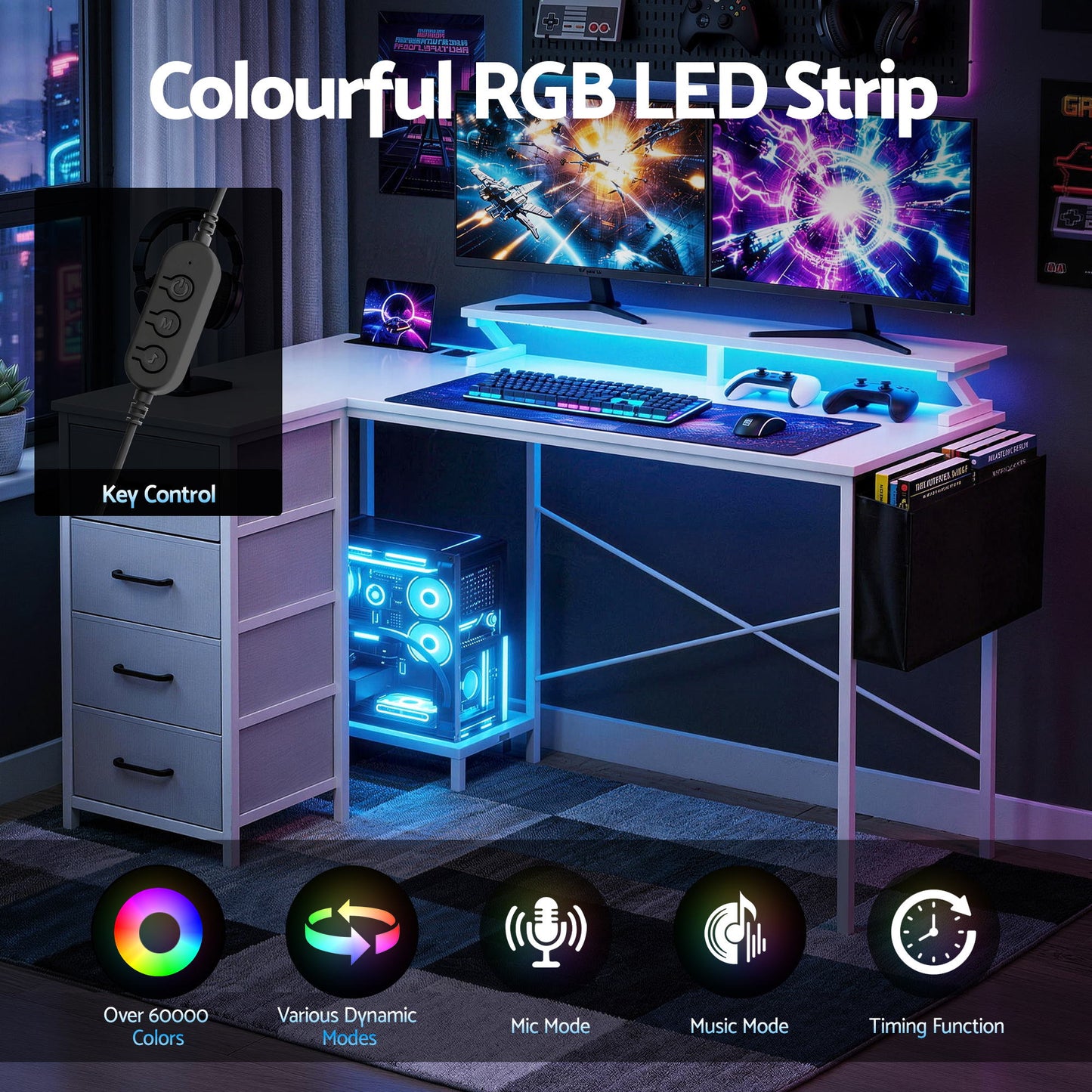 Artiss 140cm L Shaped Gaming Desk Computer Desk with LED Lights & Power Outlets