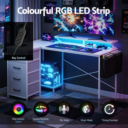 Artiss 140cm L Shaped Gaming Desk Computer Desk with LED Lights & Power Outlets