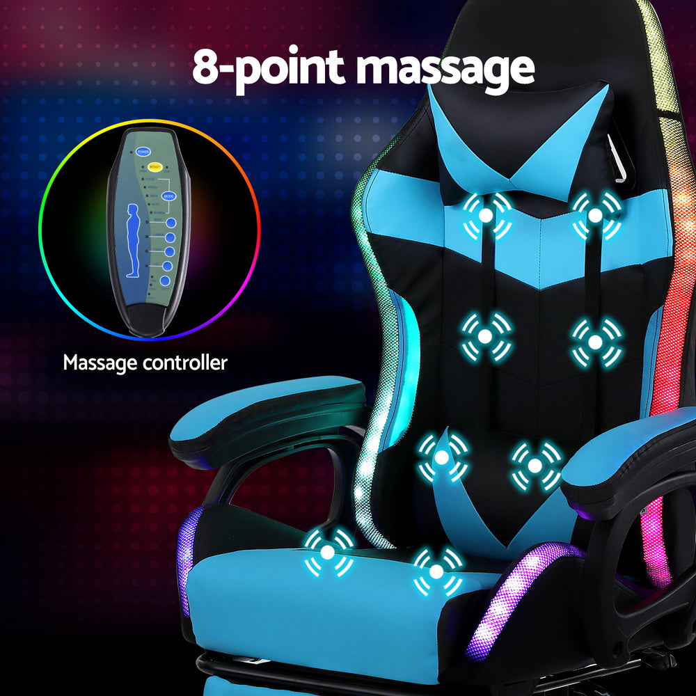 Artiss Gaming Office Chair 12 RGB LED Massage Computer Work Seat Footrest Cyan