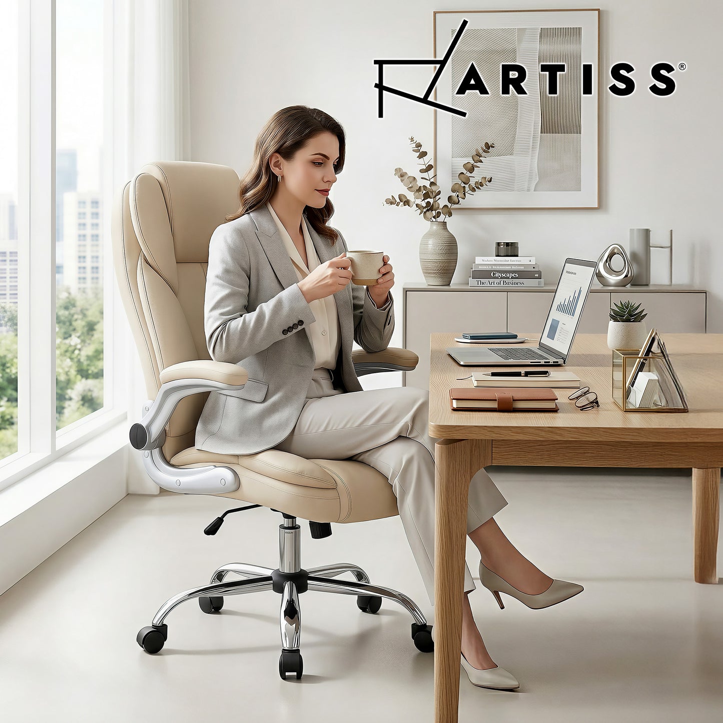 Artiss Executive Office Chair Leather Tilt Beige
