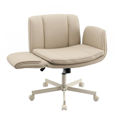 Artiss Cross Legged Office Chair PU Leather Swivel Vanity Chair Wide Seat Adjustable Arms Beige