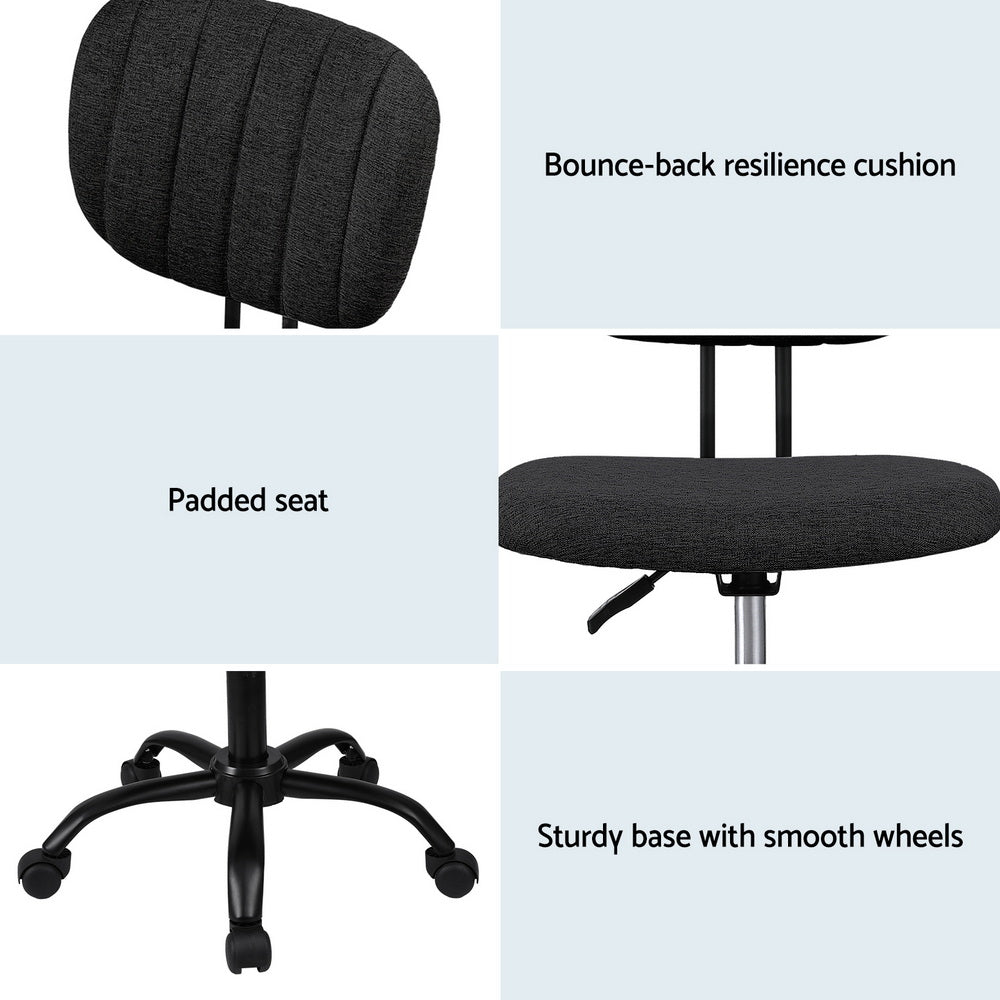 Artiss Armless Office Chair with Wheels, Ergonomic 360° Swivel Home Office Desk Chair, Height Adjustable Computer Task Chair with Fabric Back and Seat for Small Space, Black