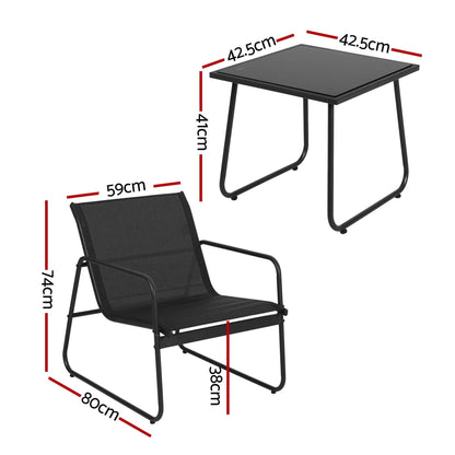 Gardeon Outdoor Bistro Set 3 Piece Patio Furniture Textilene Chairs Glass Table