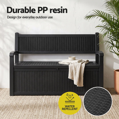 Gardeon Outdoor Storage Box Bench 254L Resin Armset Backrest Lockable Black