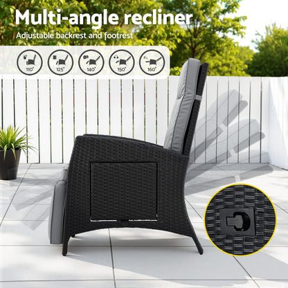 Gardeon Outdoor Recliner Chairs Sun lounge Wicker Lounger Patio Furniture Adjustable Black