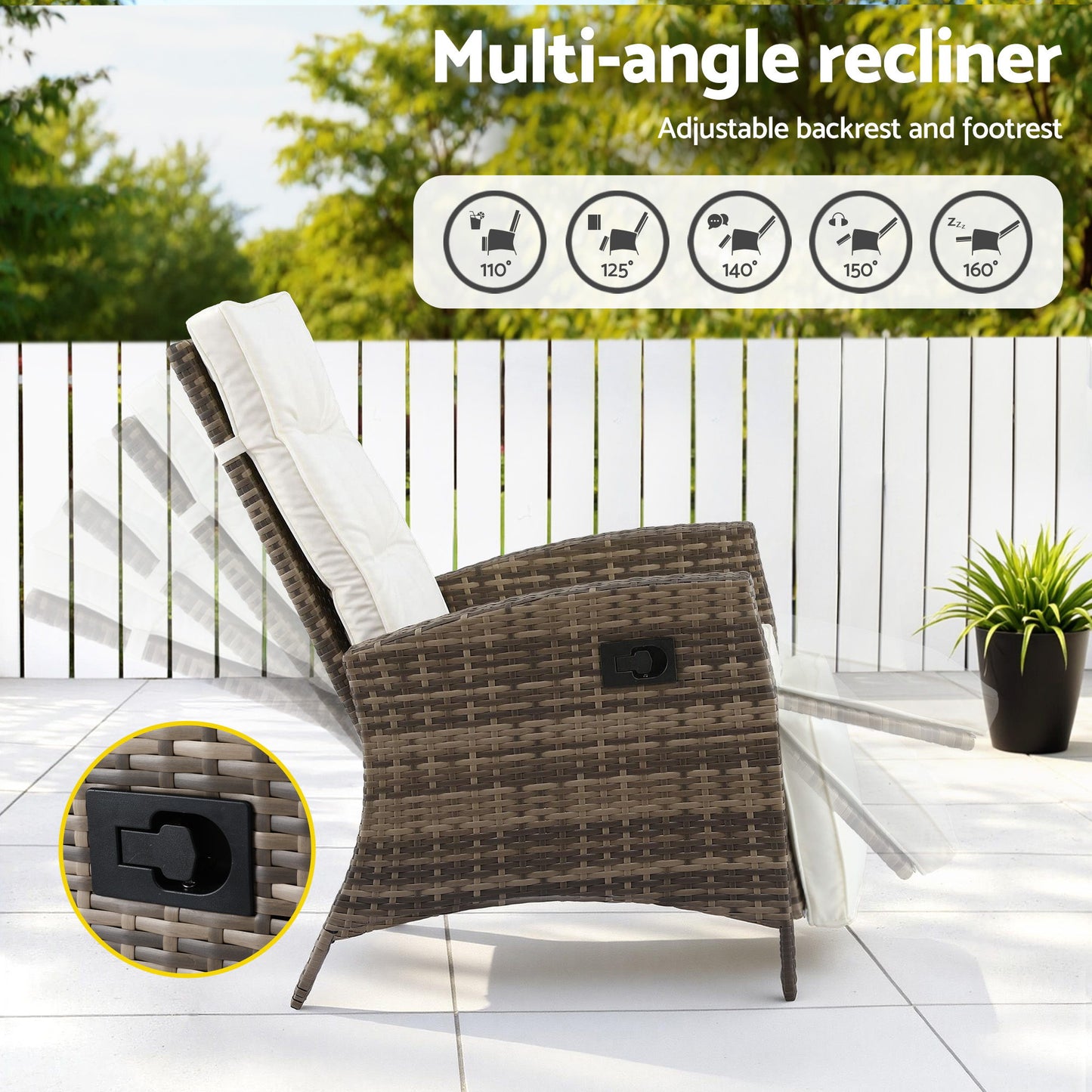 Gardeon 3PC Outdoor Bistro Set Recliner Chairs Table Sun lounge Patio Furniture Wicker Adjustable